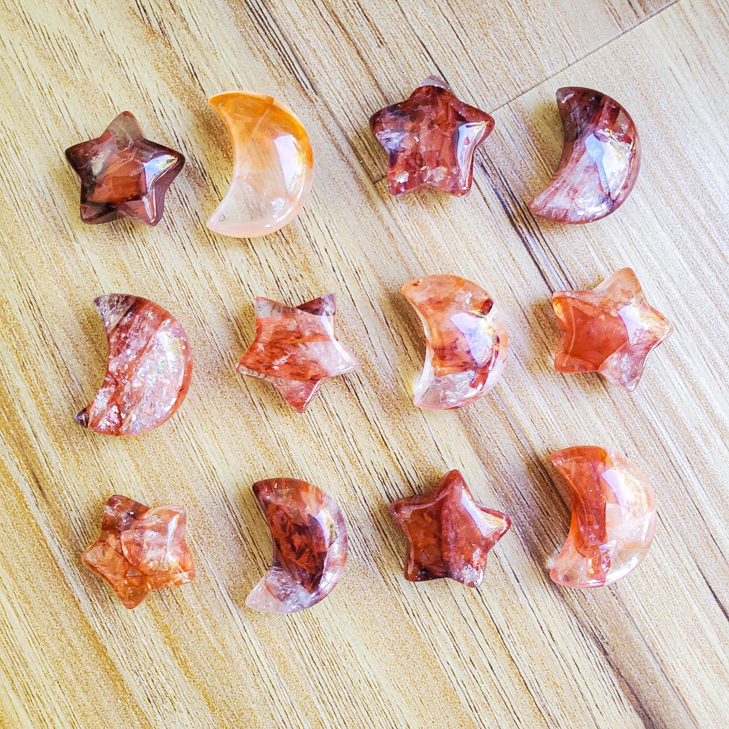Fire & Ice Quartz Star & Moon Pair - Carving