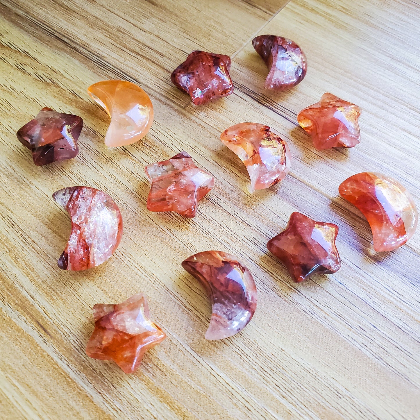 Fire & Ice Quartz Star & Moon Pair - Carving